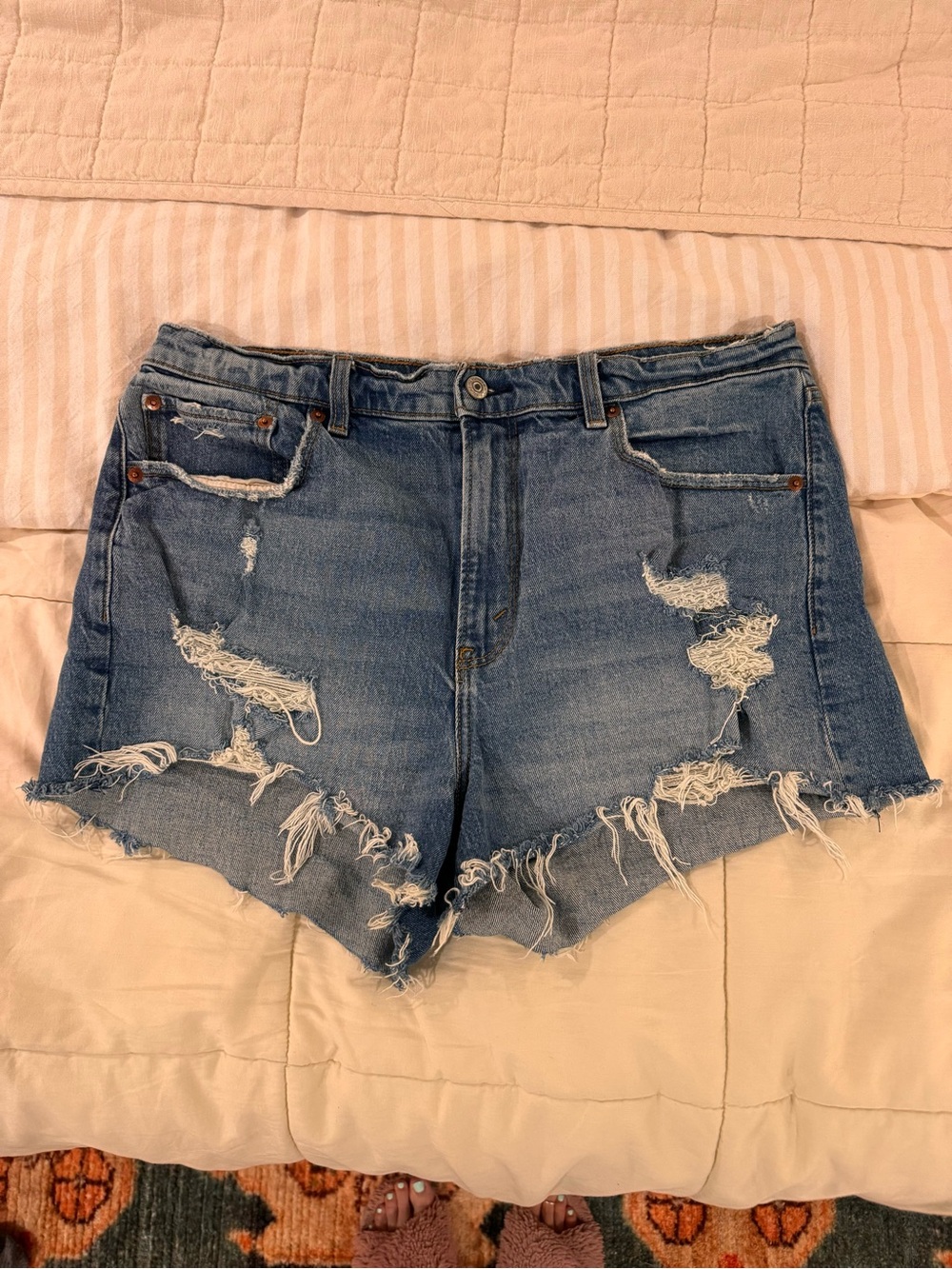 Abercrombie & Fitch Distressed Blue Denim Cutoff Shorts. The mom short high rise